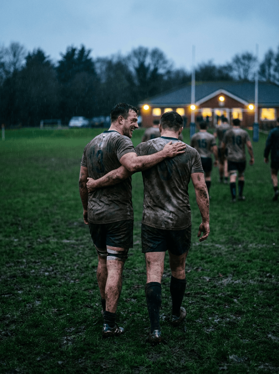 Rugby teammates with arms around each other's shoulders
