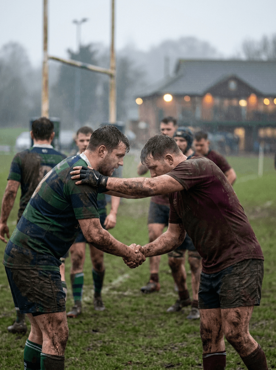 Two rugby players shaking hands on the pitch after a match