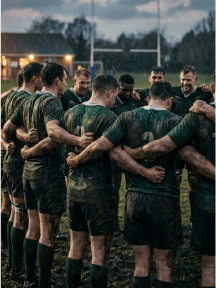 A rugby team huddled together on the pitch before a match