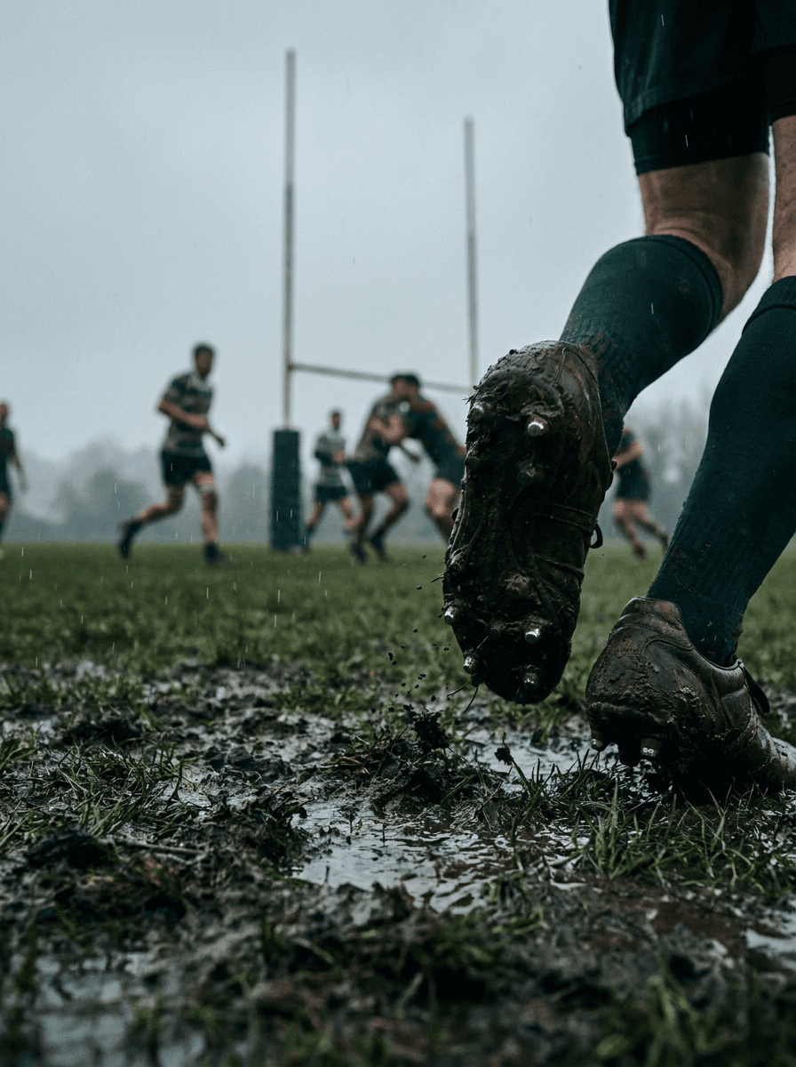 A muddy rugby boot mid-stride on a rain-soaked pitch, with players and goalposts blurred in the background