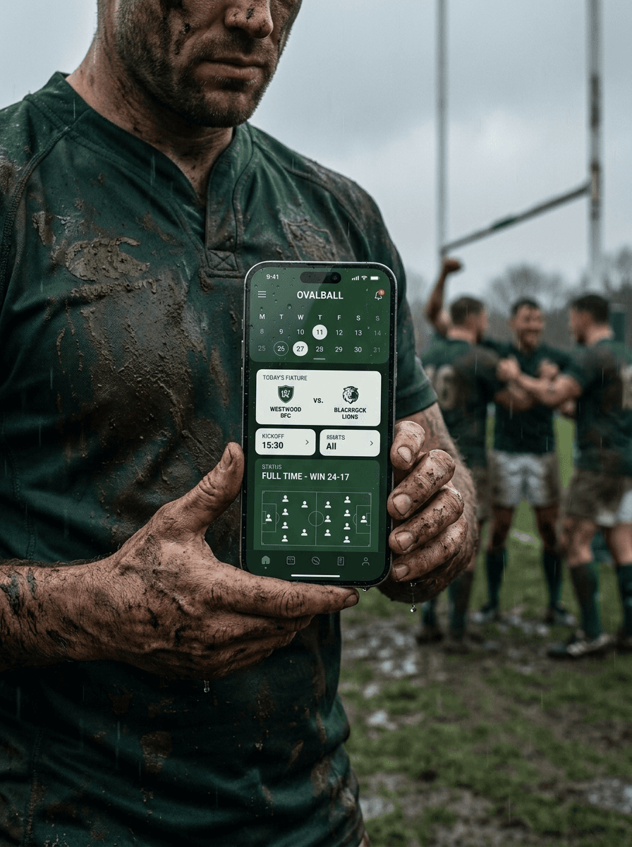 A muddy hand holding a phone pitchside