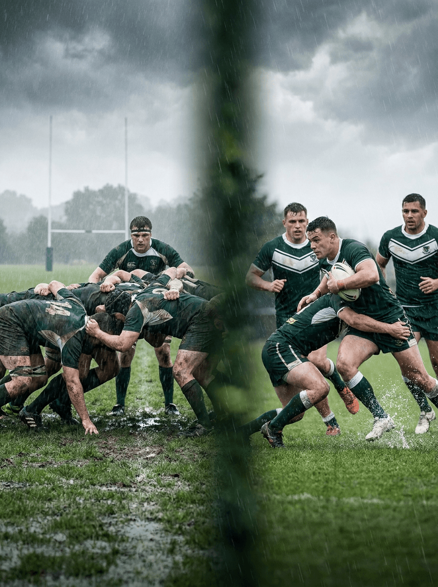 A rugby player mid-tackle during a match